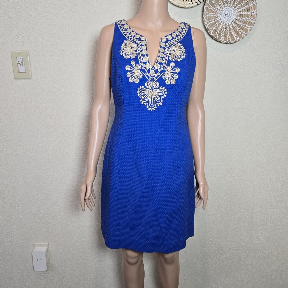 Lilly Pulitzer Womens Size 6 Royal Blue Gabby Shift Dress Embellished Neckline - Picture 4 of 13